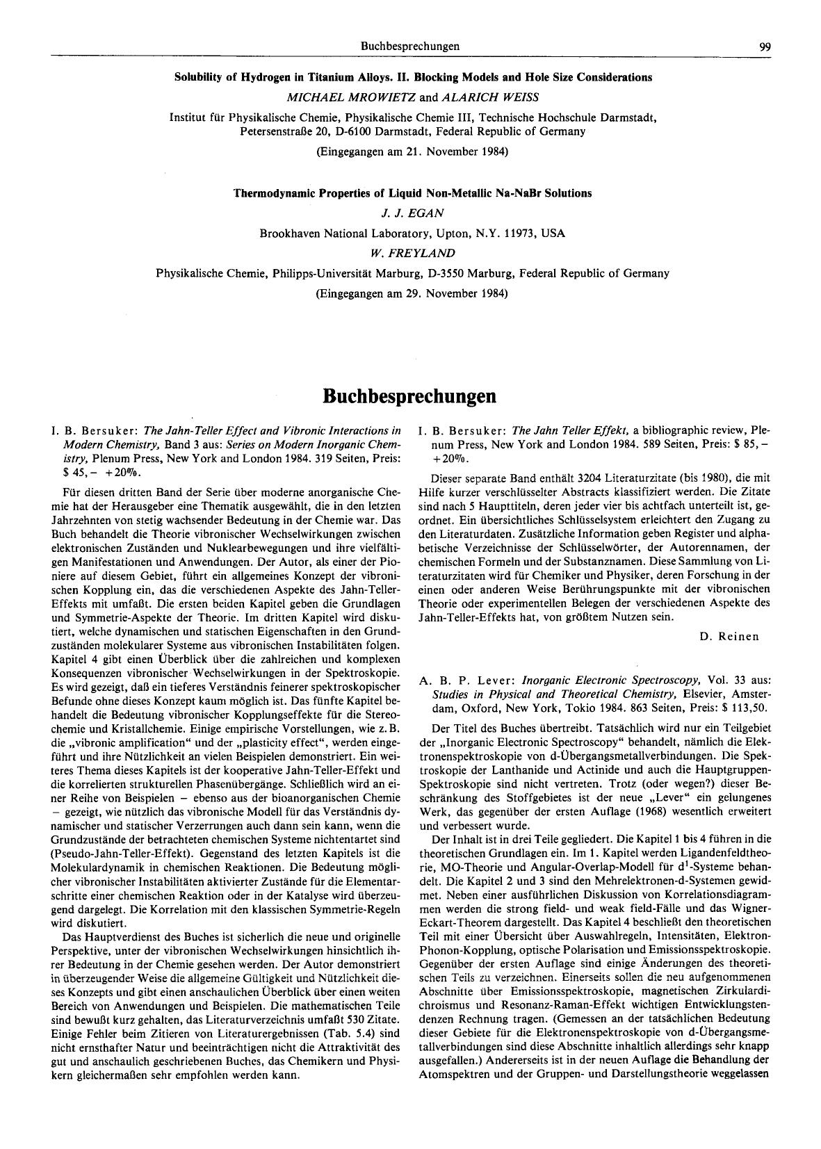 A. B. P. Lever: Inorganic Electronic Spectroscopy, Vol. 33 aus: Studies in Physical and Theoretical Chemistry, Elsevier, Amsterdam, Oxford, New York, Tokio 1984. 863 Seiten, Preis: [dollar] 113, 50. by Unknown