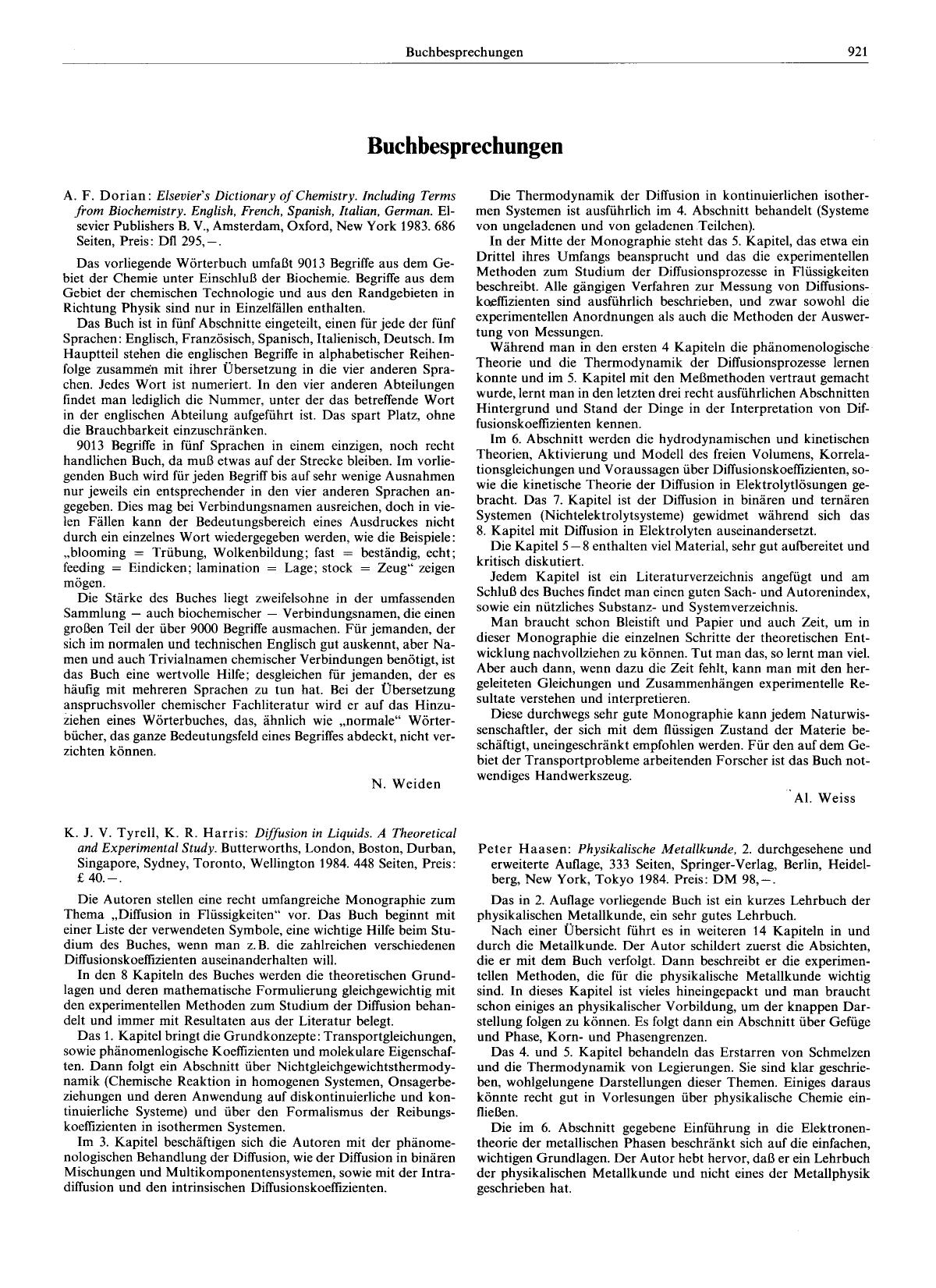 A. F. Dorian: Elsevier's Dictionary of Chemistry. Including Terms from Biochemistry. English, French, Spanish, Italian, German. Elsevier Publishers B. V., Amsterdam, Oxford, New Yo by Unknown