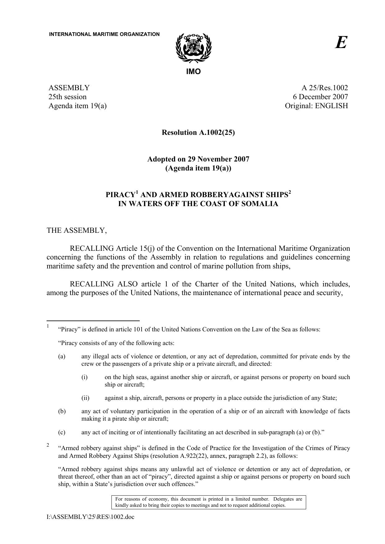 A.1002(25) - Piracy and Armed Robbery against Ships in waters off the Coast of Somalia by Unknown
