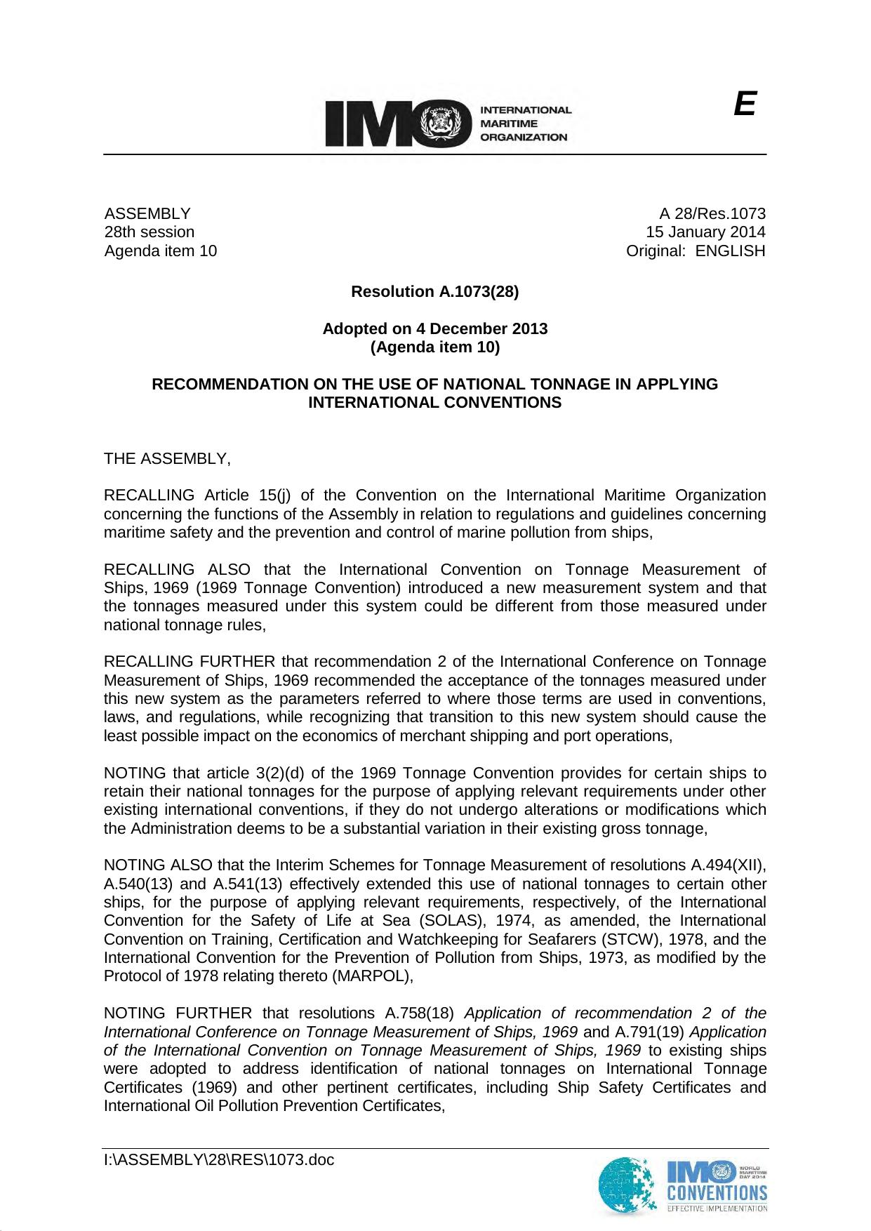 A.1073(28) - Recommendation on the use of National Tonnage in Applying International Conventions by IMO