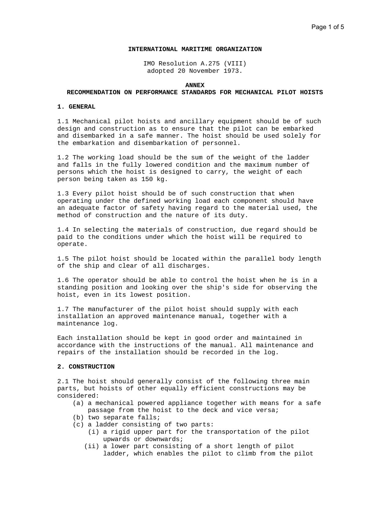 A.275 (VIII) - Recommendation on Performance Standards for Mechanical Pilot Hoists by Unknown