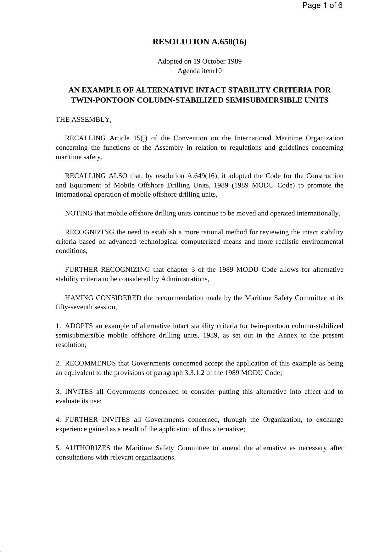 A.650(16) - An Example of Alternative Intact Stability Criteria for Twin-Pontoon Column-Stabilized Semi-submersible Units by Redistributed by Regs4ships Ltd