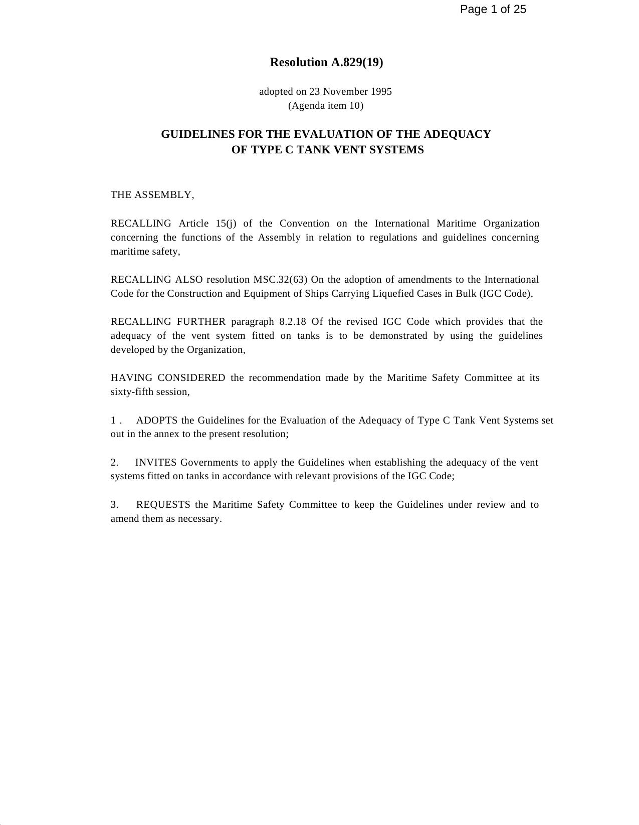 A.829(19) - Guidelines for the Evaluation of the Adequacy of Type C Tank Vent Systems by Redistributed by Regs4ships Ltd