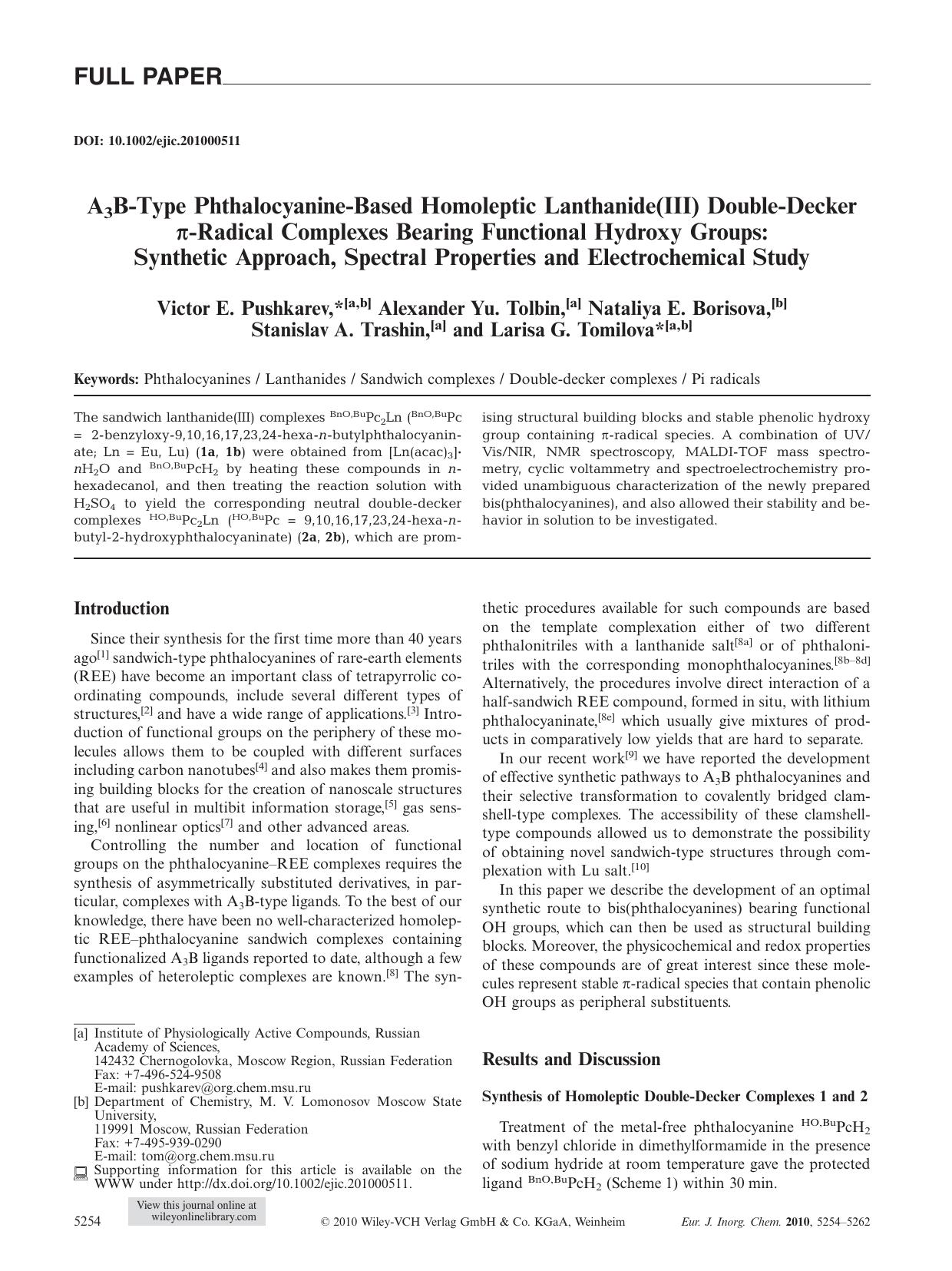A3BType PhthalocyanineBased Homoleptic Lanthanide(III) DoubleDecker Radical Complexes Bearing Functional Hydroxy Groups: Synthetic Approach, Spectral Properties and Electrochemical Study by Unknown