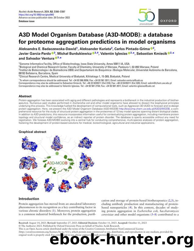 A3D Model Organism Database (A3D-MODB): a database for proteome aggregation predictions in model organisms by unknow