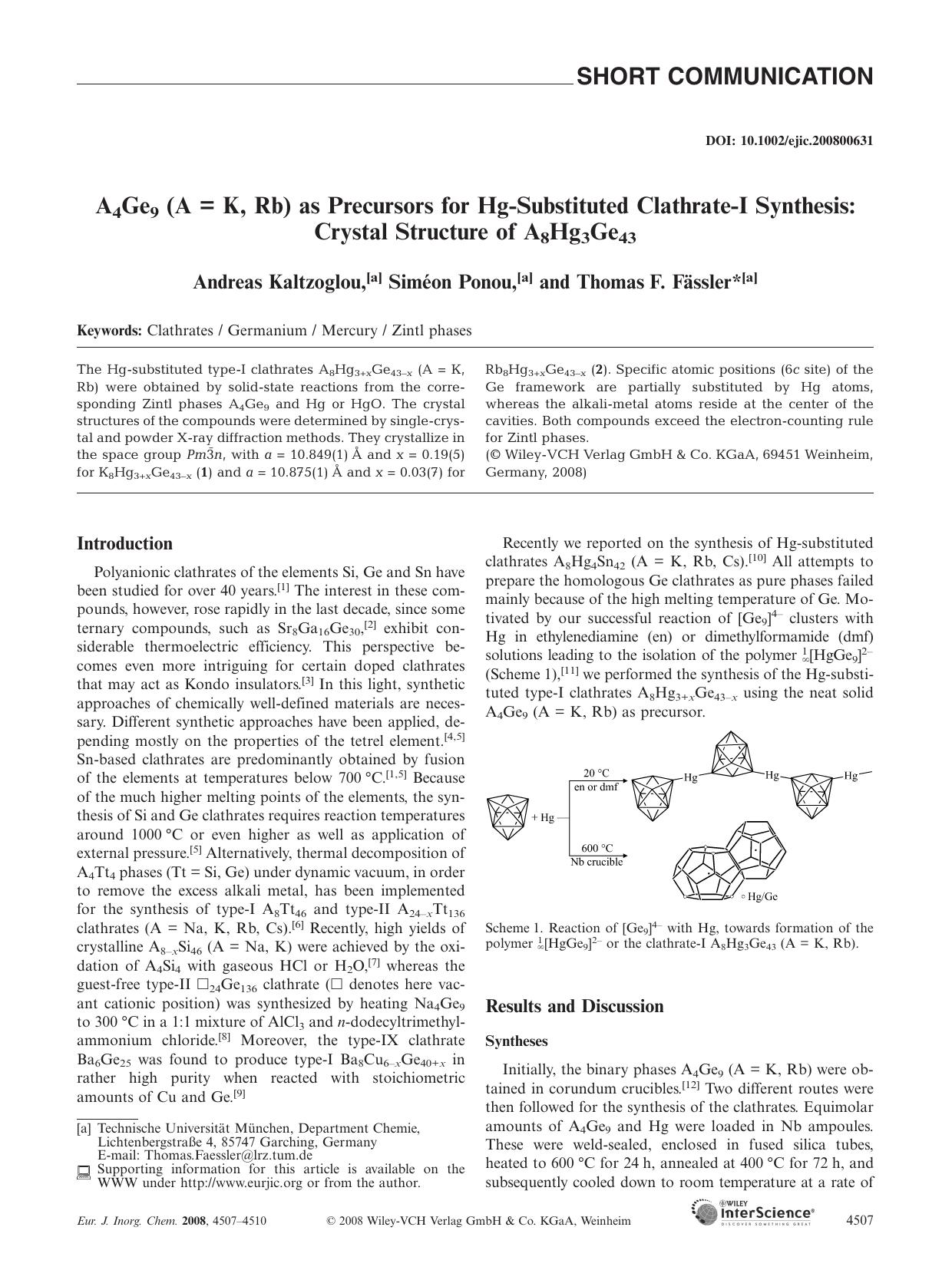 A4Ge9 (A = K, Rb) as Precursors for Hg-Substituted Clathrate-I Synthesis: Crystal Structure of A8Hg3Ge43 by Unknown