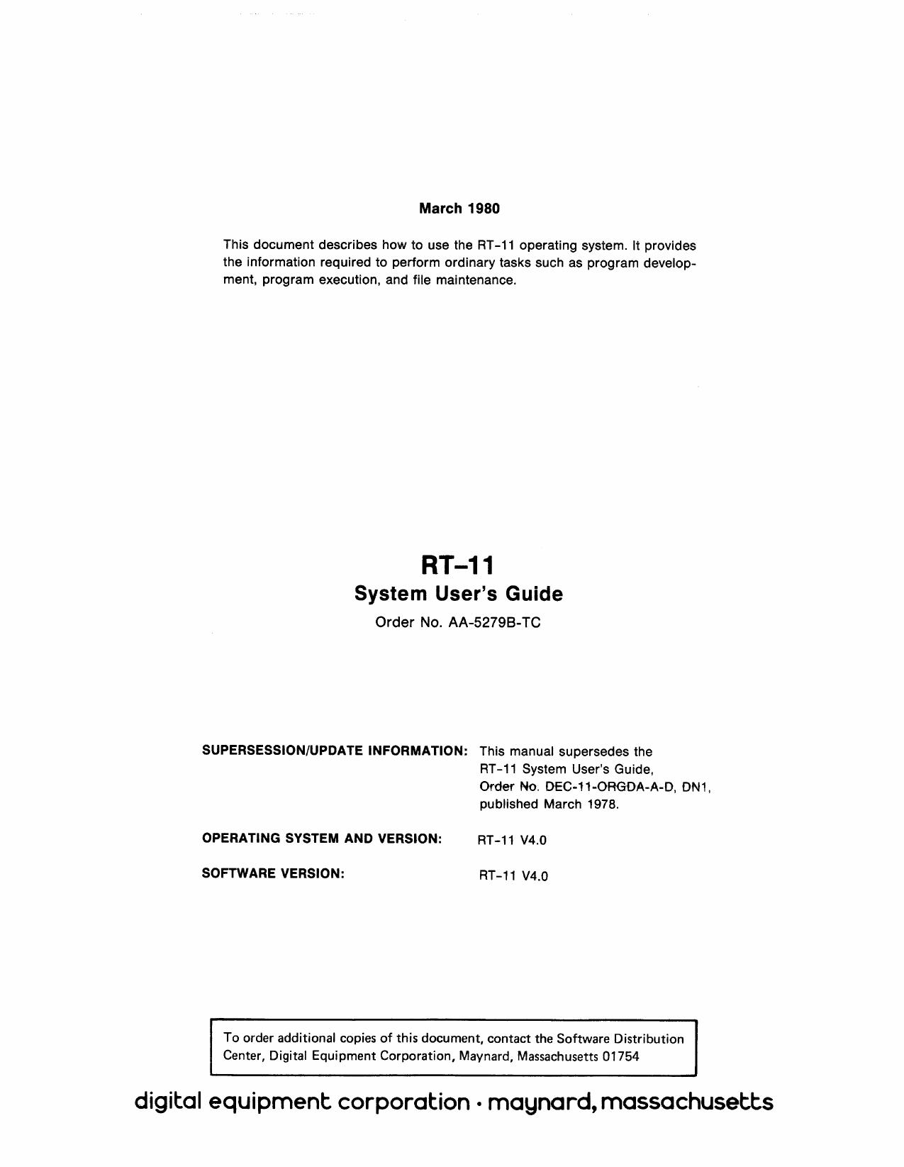 AA-5279B-TC RT-11 V4.0 System Users Guide Mar80 by Unknown