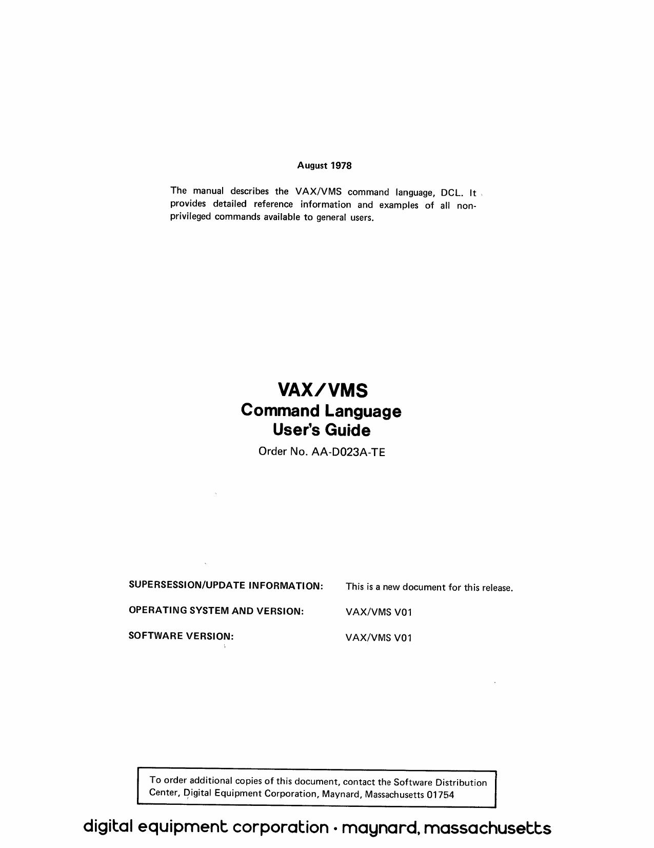 AA-D023A-TE VAX VMS Command Language Users Guide Aug78 by Unknown