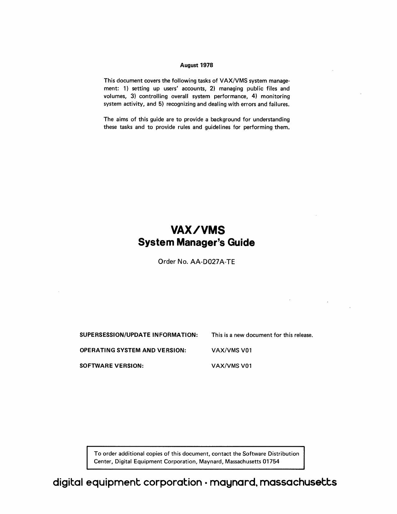 AA-D027A-TE VAX VMS System Managers Guide Aug78 by Unknown