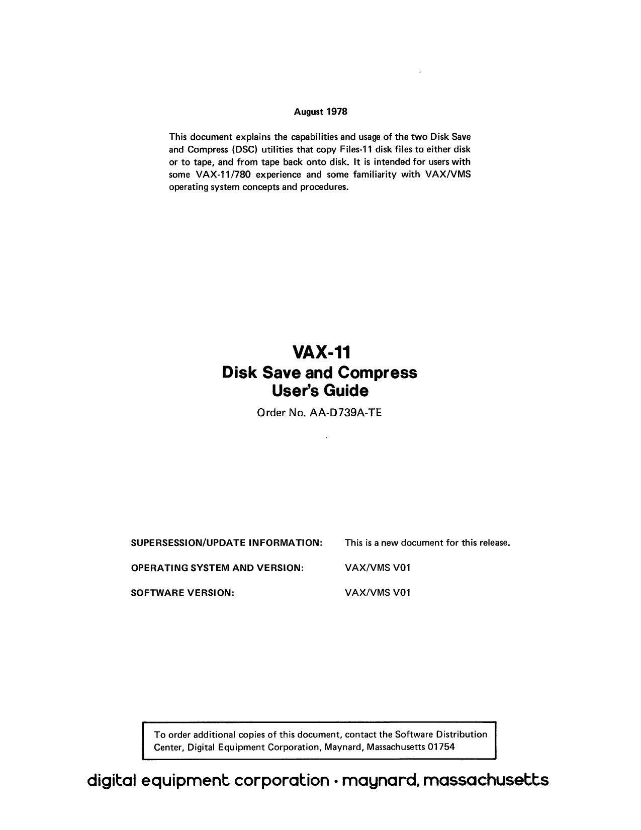 AA-D739A-TE VAX-11 Disk Save and Compress Users Guide Aug78 by Unknown