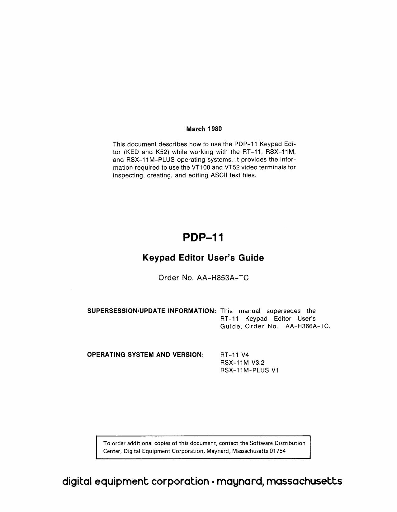AA-H853A-TC PDP-11 Keypad Editor Users Guide Mar80 by Unknown