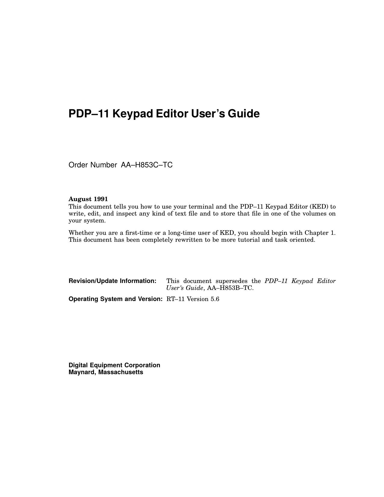AA-H853C-TC PDP-11 Keypad Editor Users Guide Aug91 by Unknown