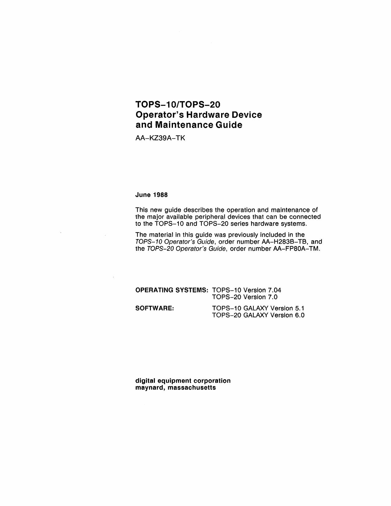 AA-KZ39A-TK Operators Hardware Device and Maintenance Guide Jun88 by Unknown