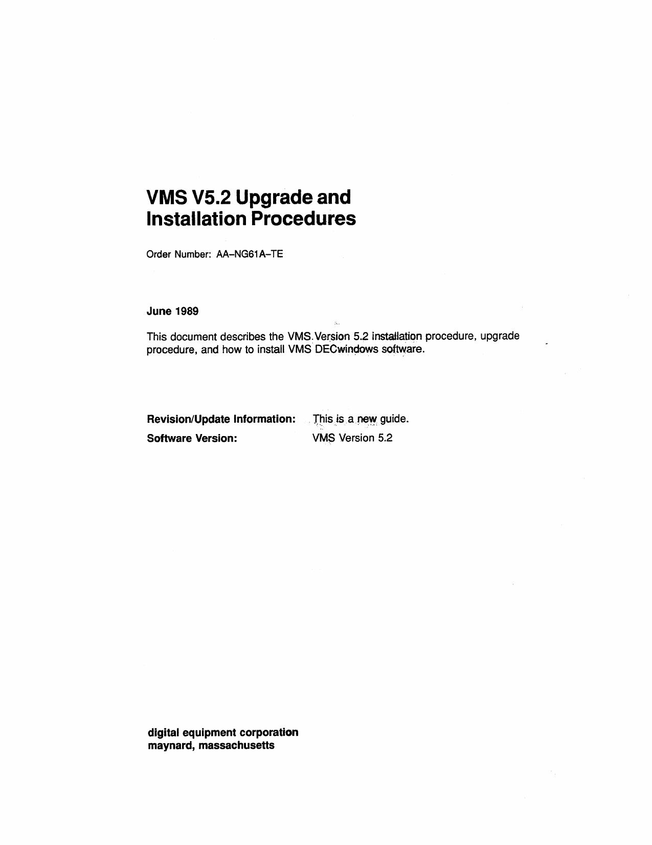 AA-NG61A-TE VMS 5.2 Installation And Upgrade Procedures Jun89 by Unknown