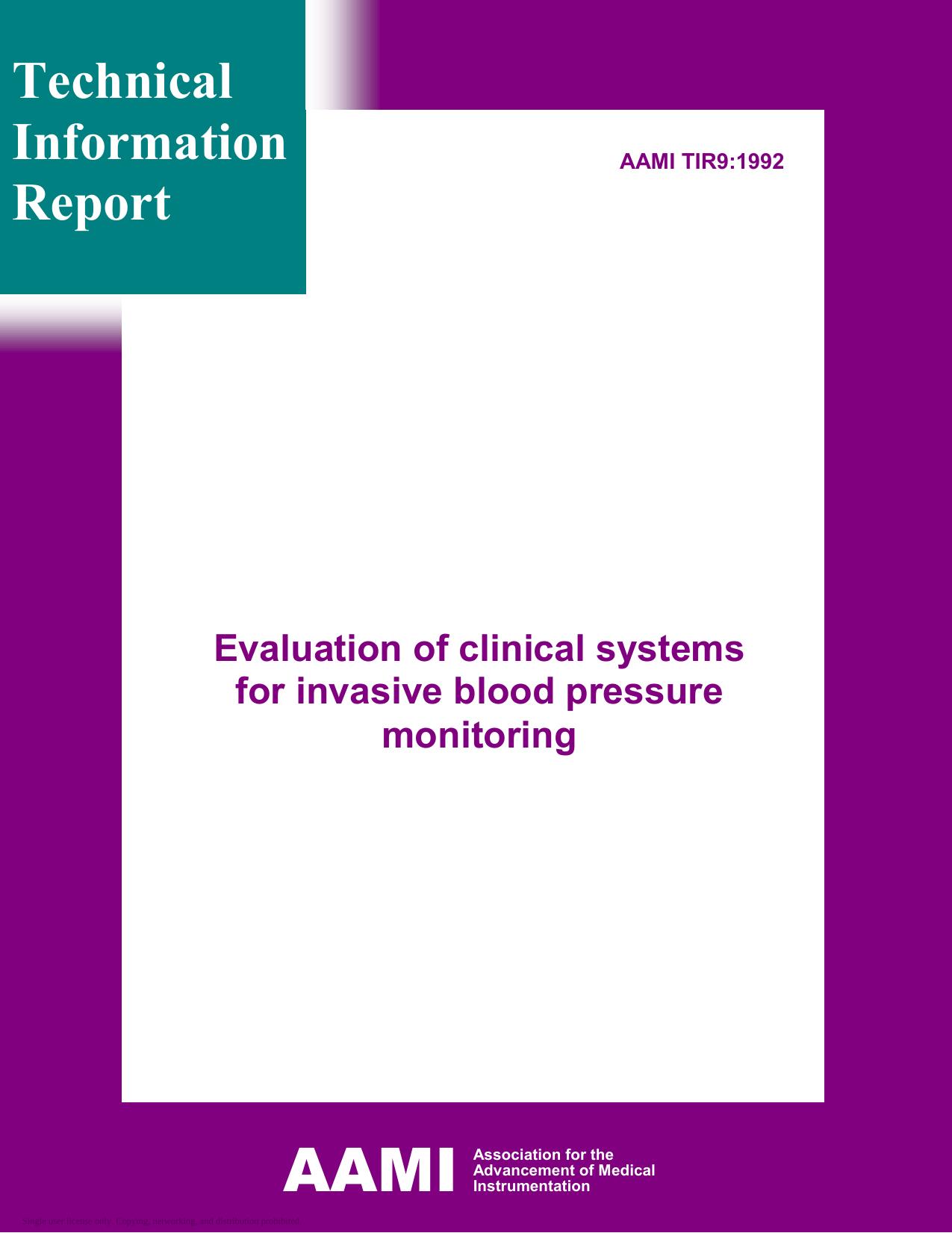 AAMI TIR9:1992 Evaluation of clinical systems for invasive blood pressure monitoring, 1ed. by AAMI