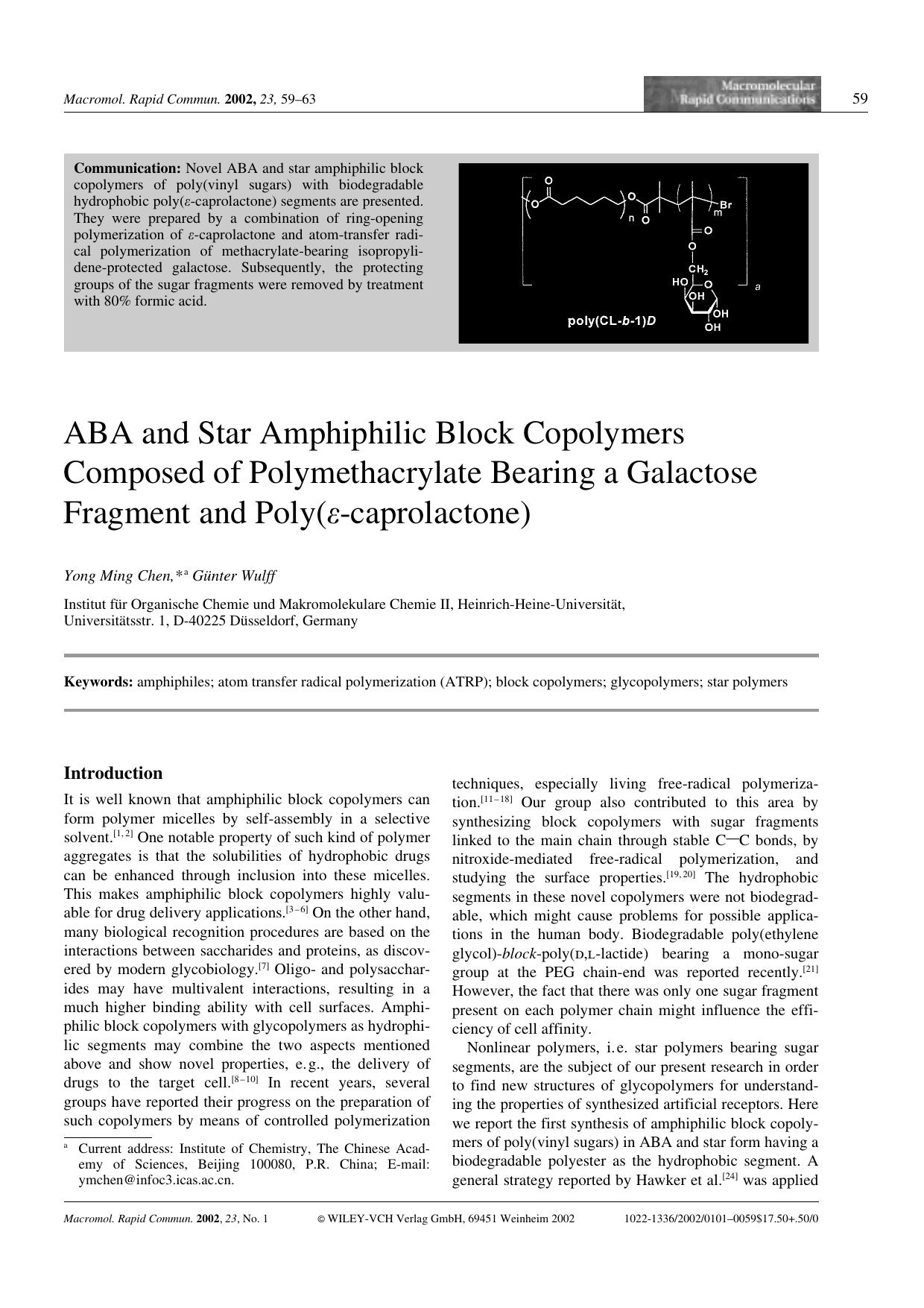 ABA and Star Amphiphilic Block Copolymers Composed of Polymethacrylate Bearing a Galactose Fragment and Poly([epsiv]-caprolactone) by Unknown