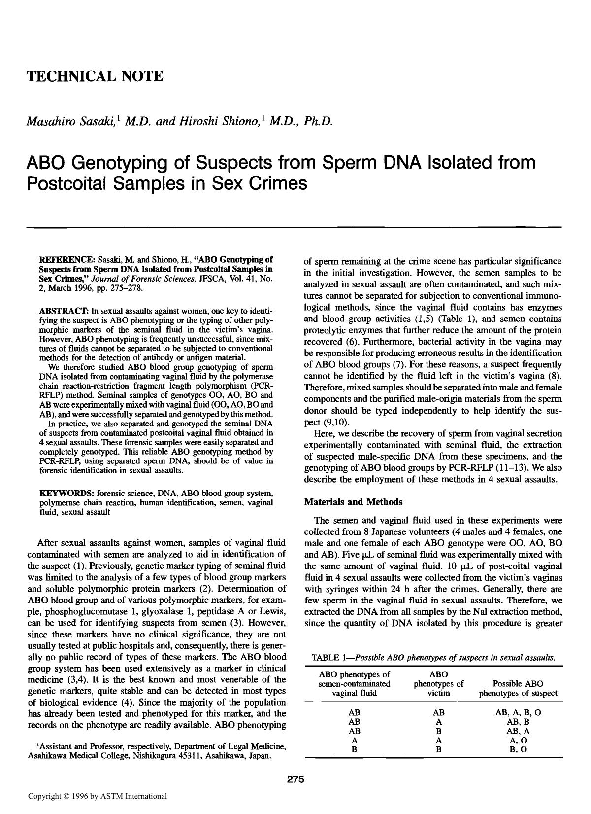 ABO Genotyping of Suspects from Sperm DNA Isolated from Postcoital Samples in Sex Crimes by Sasaki M Shiono H