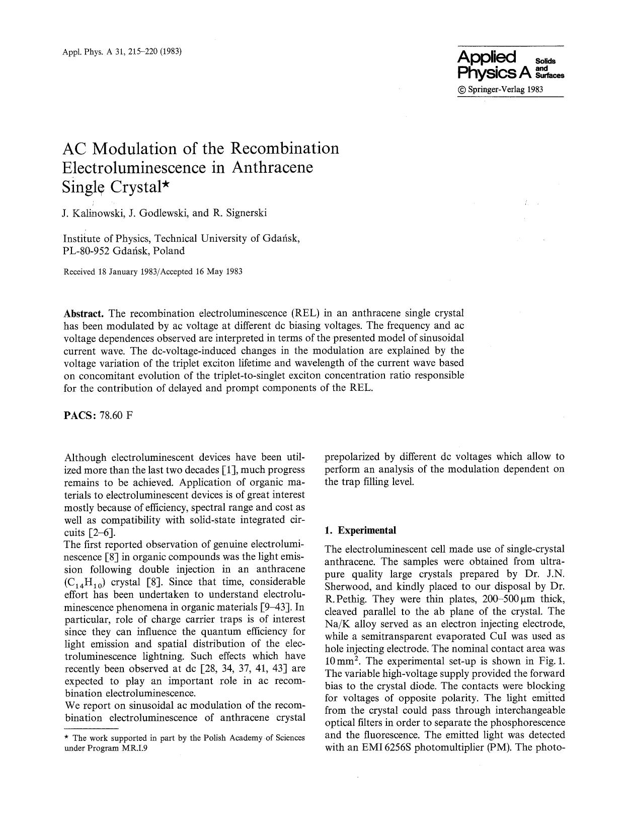 AC modulation of the recombination electroluminescence in anthracene single crystal by Unknown