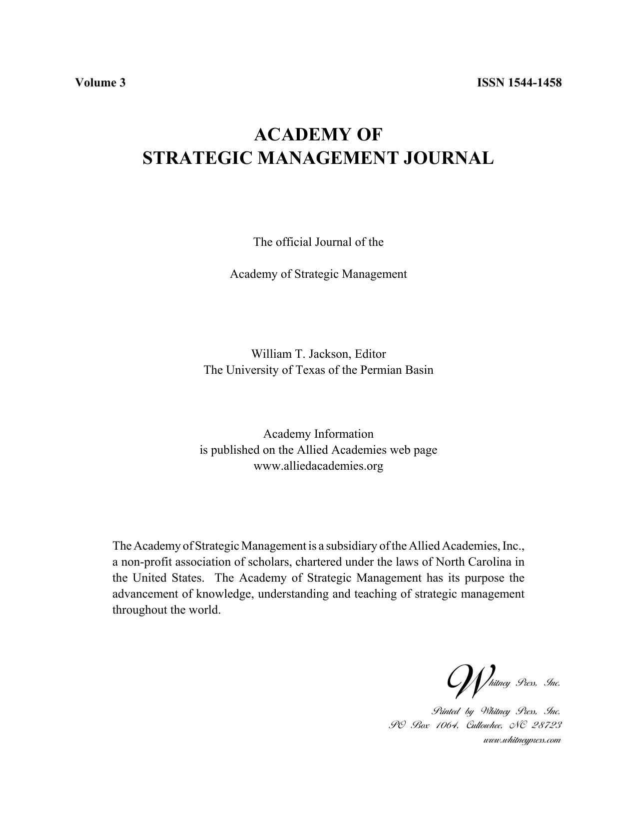 ACADEMY OF STRATEGIC MANAGEMENT JOURNAL by William T. Jackson