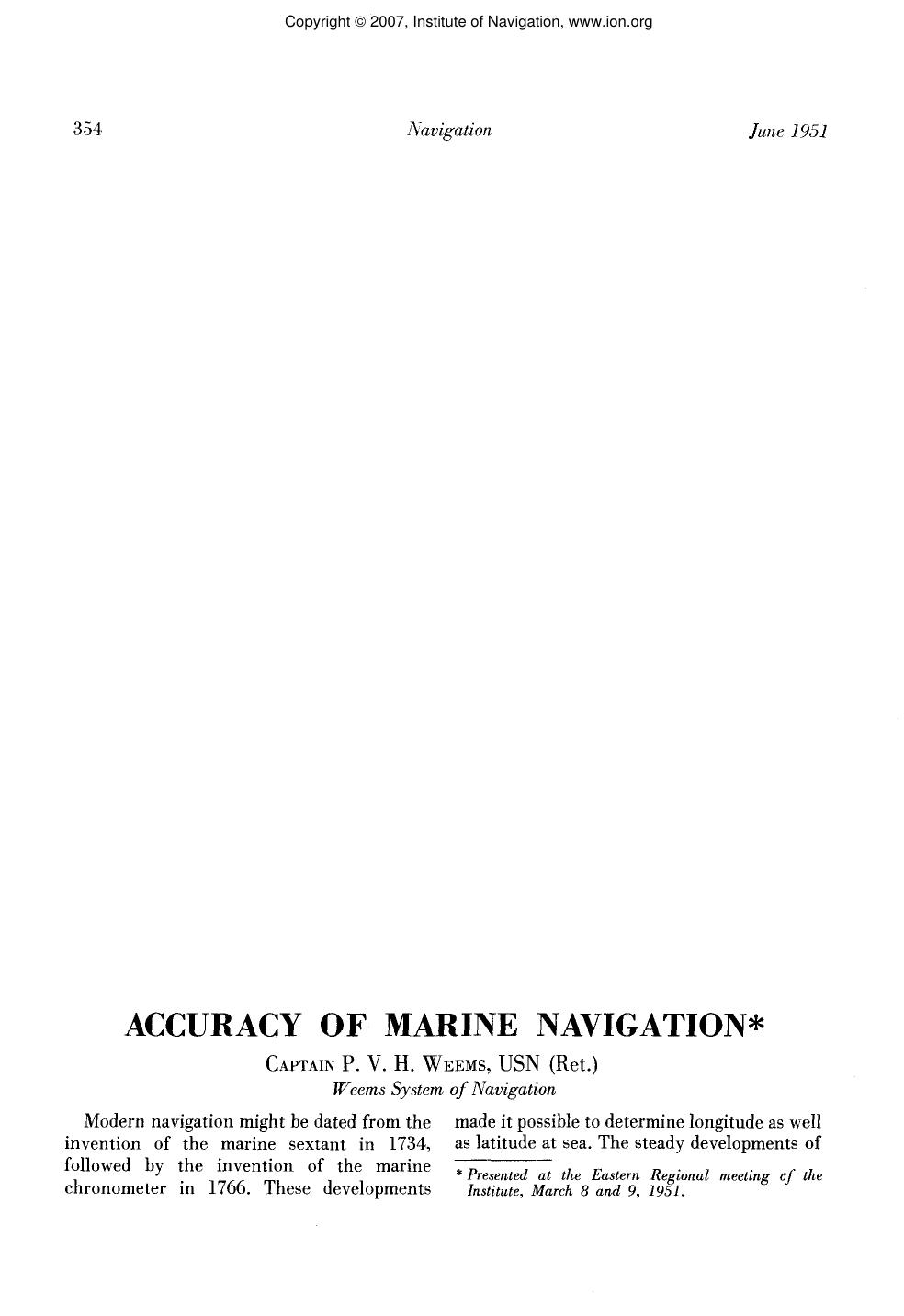 ACCURACY OF MARINE NAVIGATION by P. V. H. WEEMS