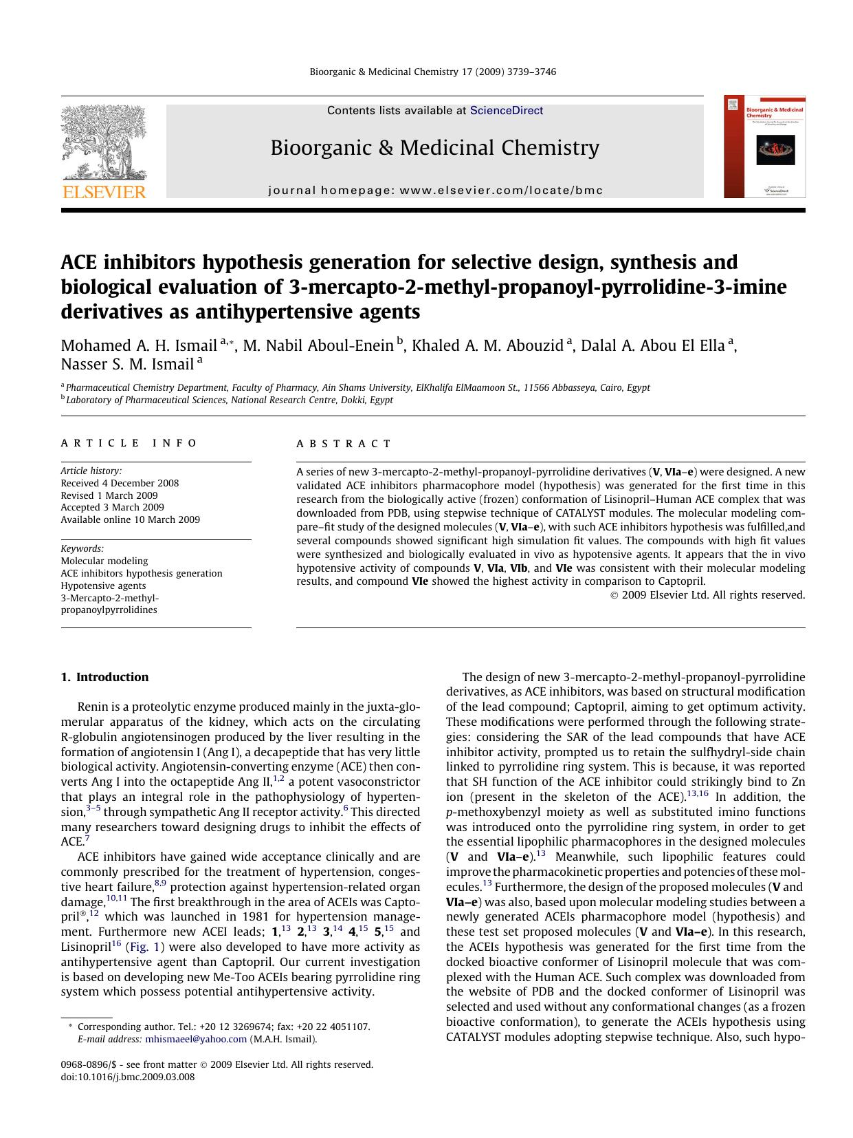 ACE inhibitors hypothesis generation for selective design, synthesis and biological evaluation of 3-mercapto-2-methyl-propanoyl-pyrrolidine-3-imine derivatives as antihypertensive agents by unknow