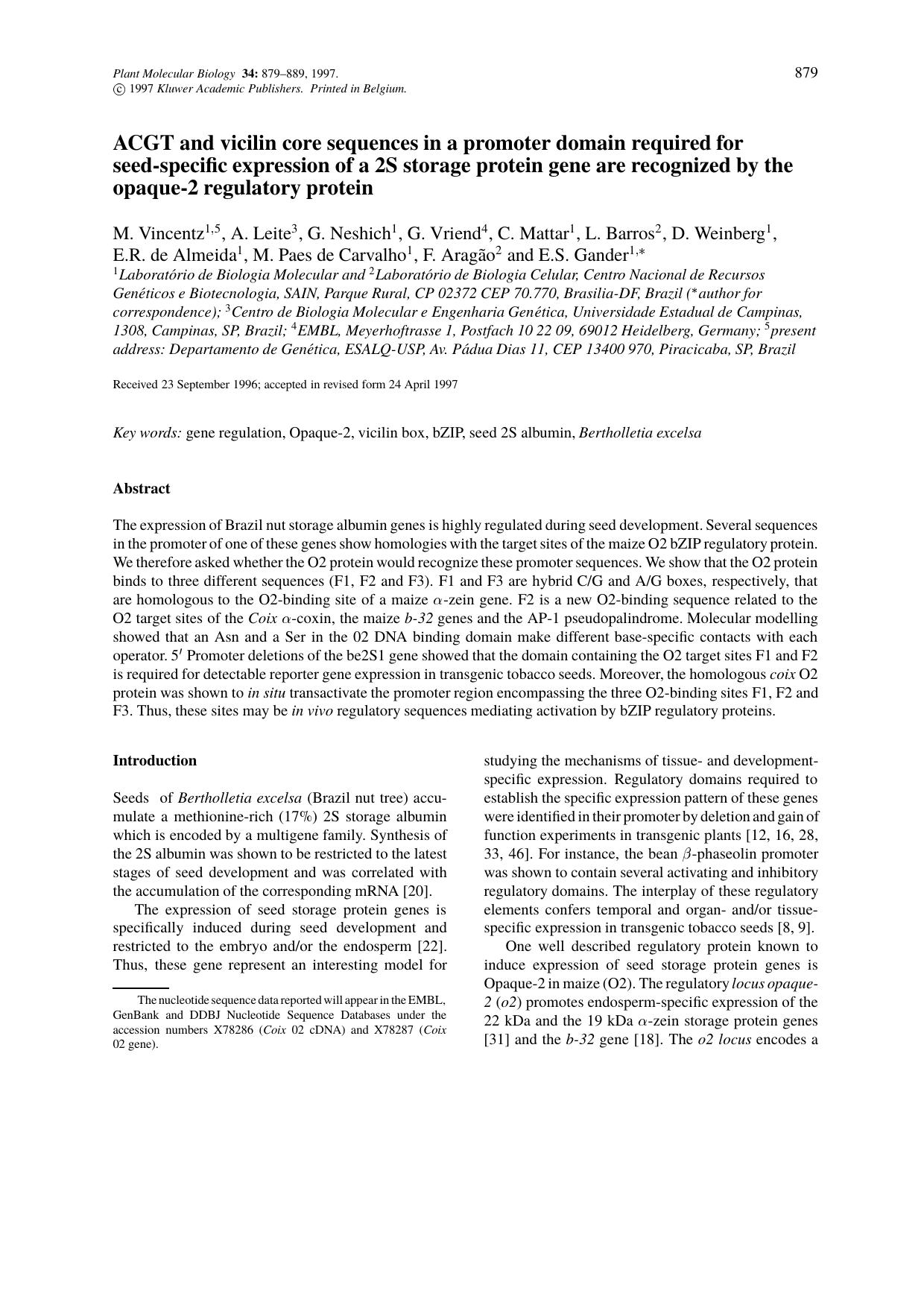 ACGT and vicilin core sequences in a promoter domain required for seed-specific expression of a 2S storage protein gene are recognized by the opaque-2 regulatory protein by Unknown
