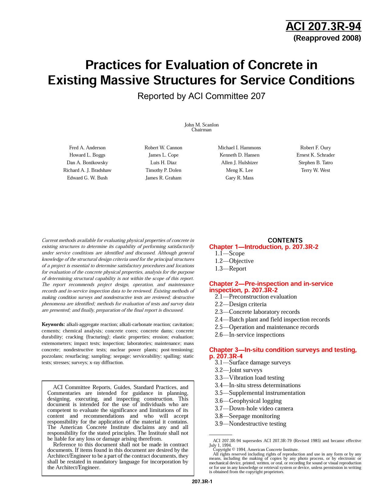 ACI 207.3R-94: Practices for Evaluation of Concrete in Existing Massive Structures for Service Conditions (Reapproved 2008) by ACI Committee 207
