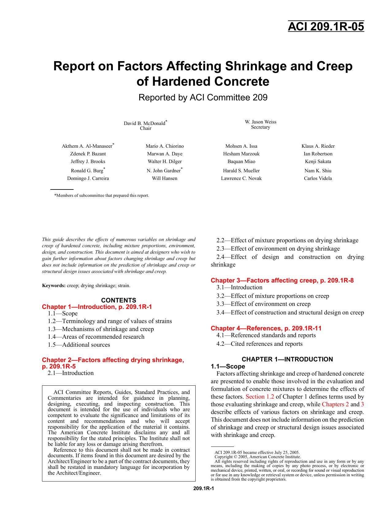 ACI 209.1R-05: Report on Factors Affecting Shrinkage and Creep of Hardened Concrete by ACI Committee 209