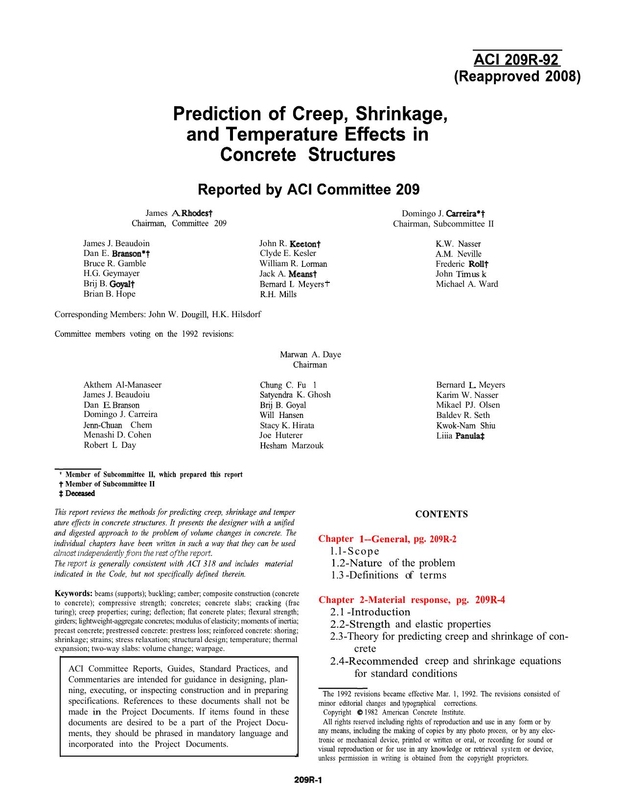 ACI 209R-92: Prediction of Creep, Shrinkage, and Temperature Effects in Concrete Structures (Reapproved 2008) by ACI Committee 209