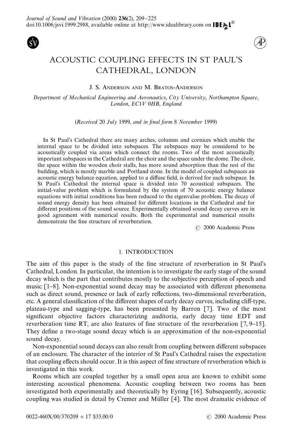 ACOUSTIC COUPLING EFFECTS IN ST PAUL'S CATHEDRAL, LONDON by ANDERSON J. S. & BRATOS-ANDERSON M