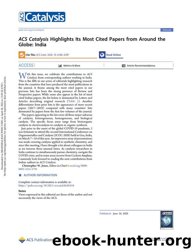 ACS Catalysis Highlights Its Most Cited Papers from Around the Globe: India by Christopher W. Jones