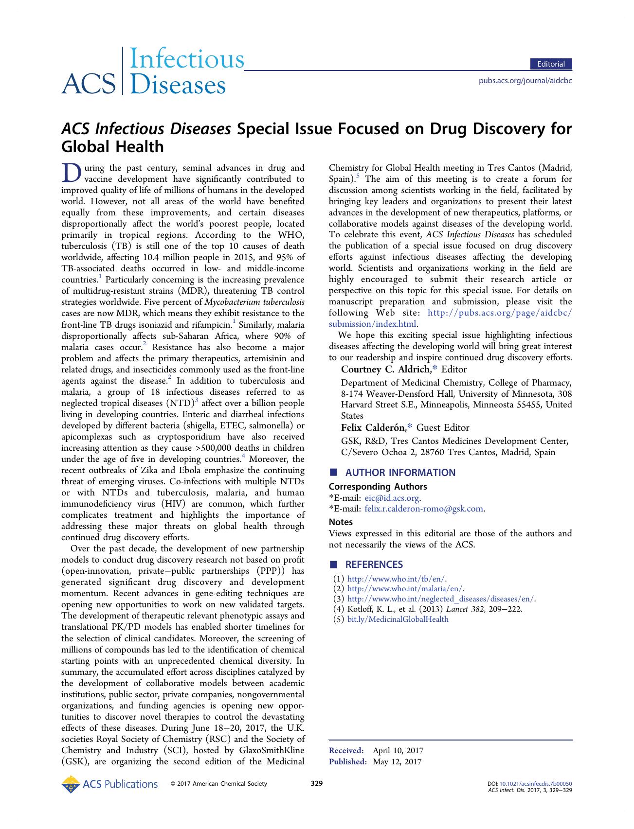ACS Infectious Diseases Special Issue Focused on Drug Discovery for Global Health by Courtney C. Aldrich and Felix Calderón