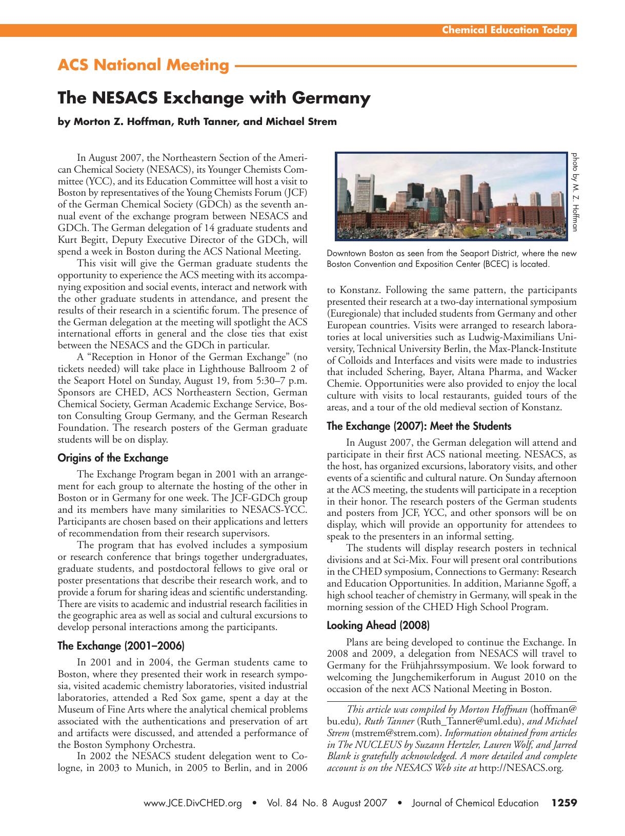 ACS National Meeting. The NESACS Exchange with Germany by Morton Z. Hoffman Ruth Tanner and Michael E. Strem