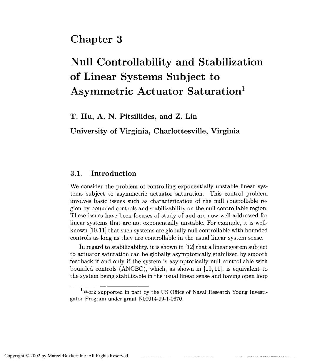 ACTUATOR SATURATION CONTROL by T. Hu A. N. Pitsillides & Z. Lin