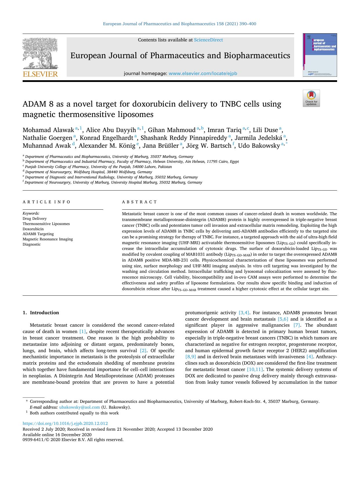 ADAM 8 as a novel target for doxorubicin delivery to TNBC cells using magnetic thermosensitive liposomes by unknow