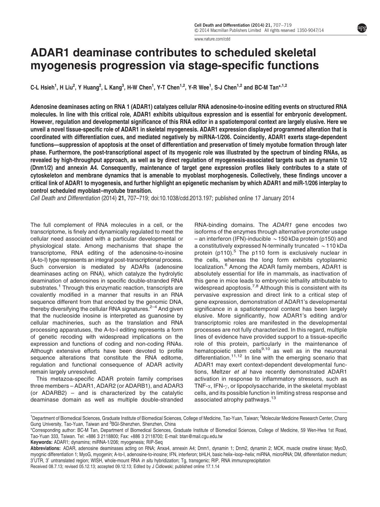 ADAR1 deaminase contributes to scheduled skeletal myogenesis progression via stage-specific functions by C-L Hsieh & H Liu & Y Huang & L Kang & H-W Chen & Y-T Chen & Y-R Wee & S-J Chen & B C-M Tan &