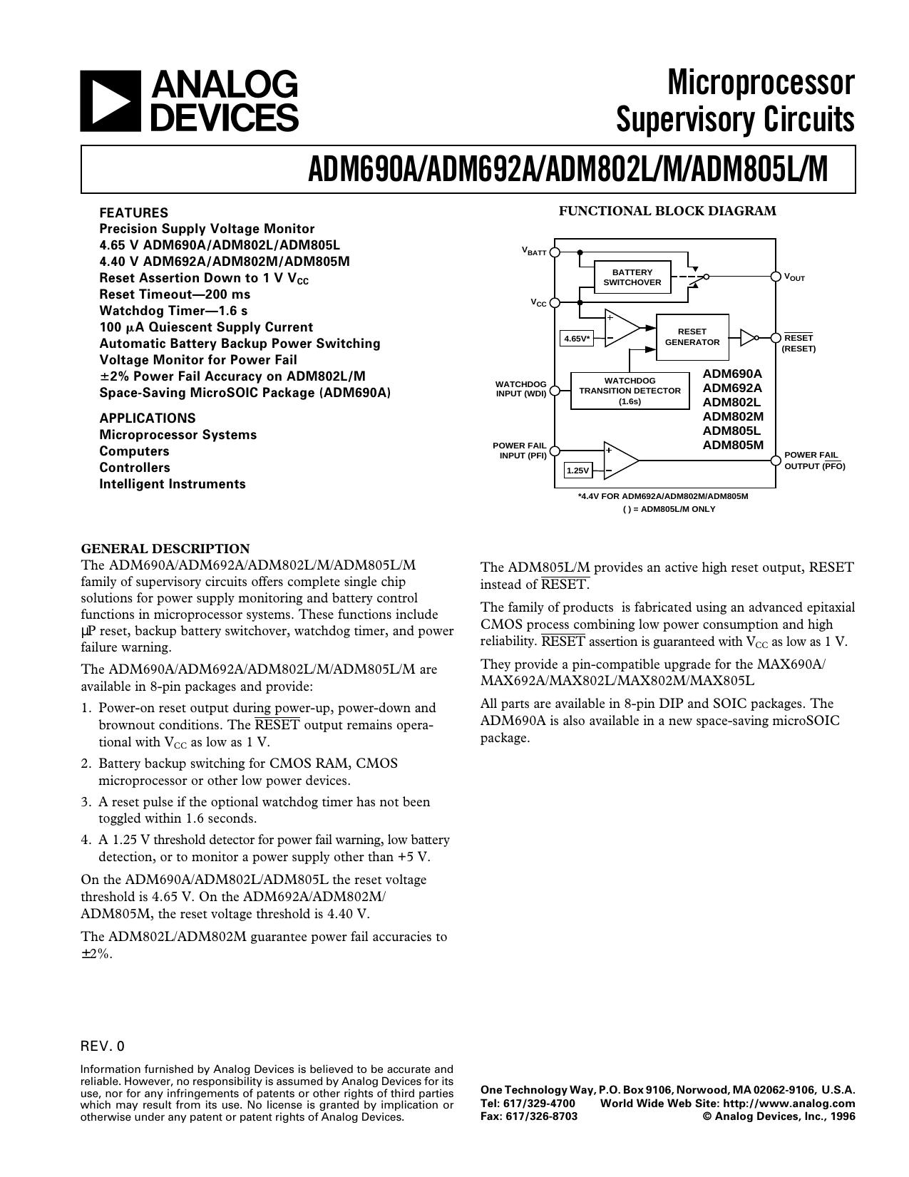 ADM690AADM692AADM802LMADM805LM Microprocessor Supervisory Circuits by Unknown