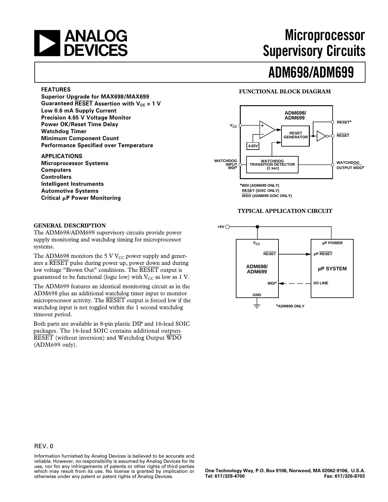 ADM698ADM699 Microprocessor Supervisory Circuits by Unknown