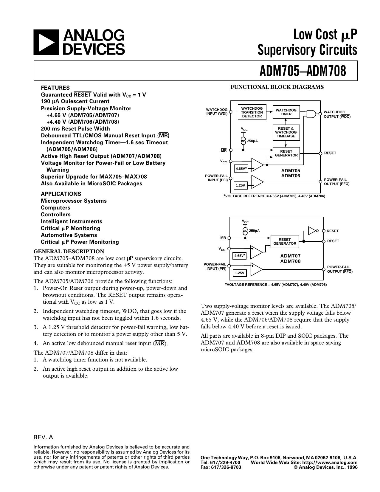 ADM705-ADM708 Low Cost (mu)P Supervisory Circuits by Unknown