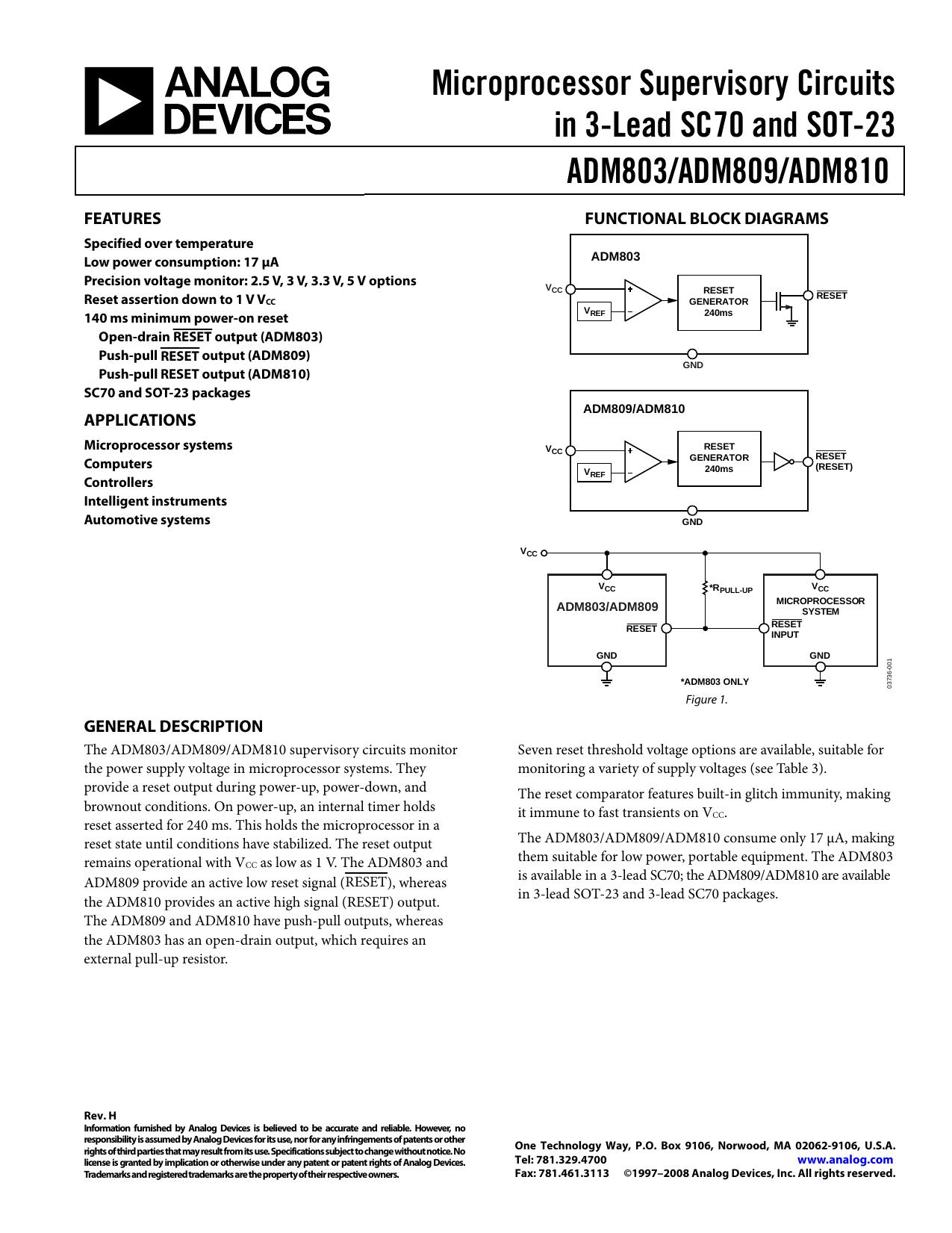 ADM803ADM809ADM810 Microprocessor Supervisory Circuits in 3-Lead SC70 and SOT-23 Data Sheet (Rev. H) by Analog Devices Inc