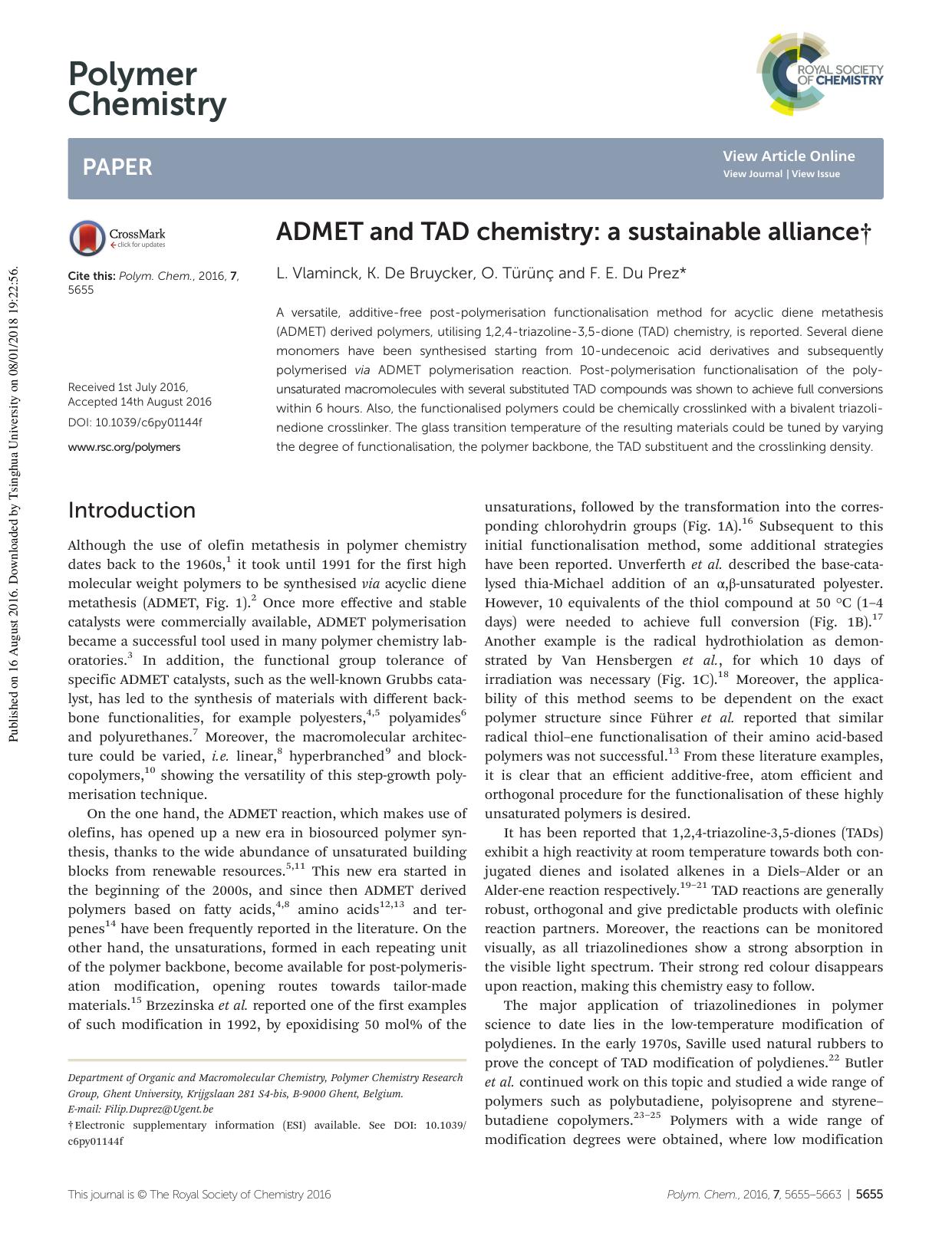 ADMET and TAD chemistry: a sustainable alliance by L. Vlaminck K. De Bruycker O. Türünç F. E. Du Prez