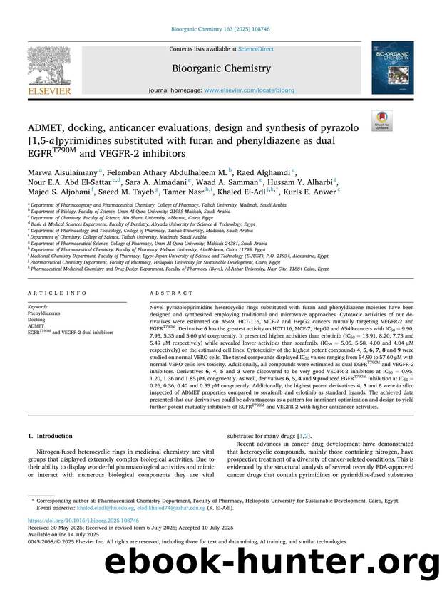 ADMET, docking, anticancer evaluations, design and synthesis of pyrazolo[1,5- a ]pyrimidines substituted with furan and phenyldiazene as dual EGFRT790M and VEGFR-2 inhibitors by unknow