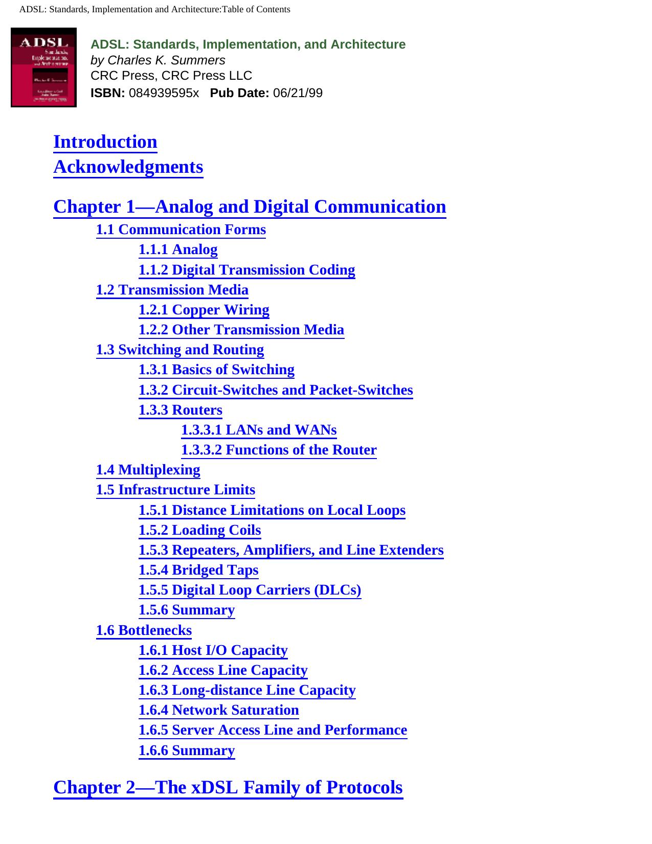 ADSL Standards, Implementation, and Architecture (Advanced & Emerging Communications Technologies) by Unknow