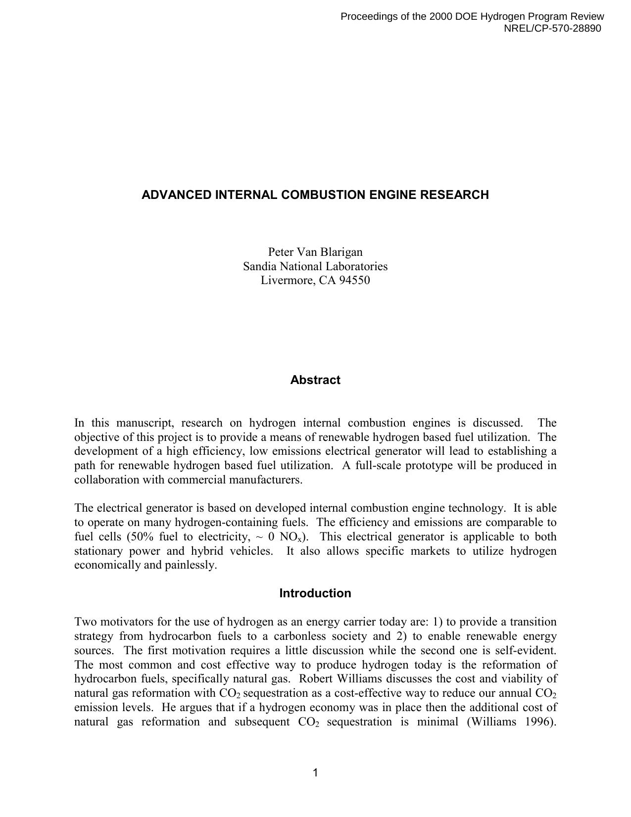 ADVANCED INTERNAL COMBUSTION ENGINE RESEARCH by Peter Van Blarigan: Sandia National Laboratories ; Livermore CA
