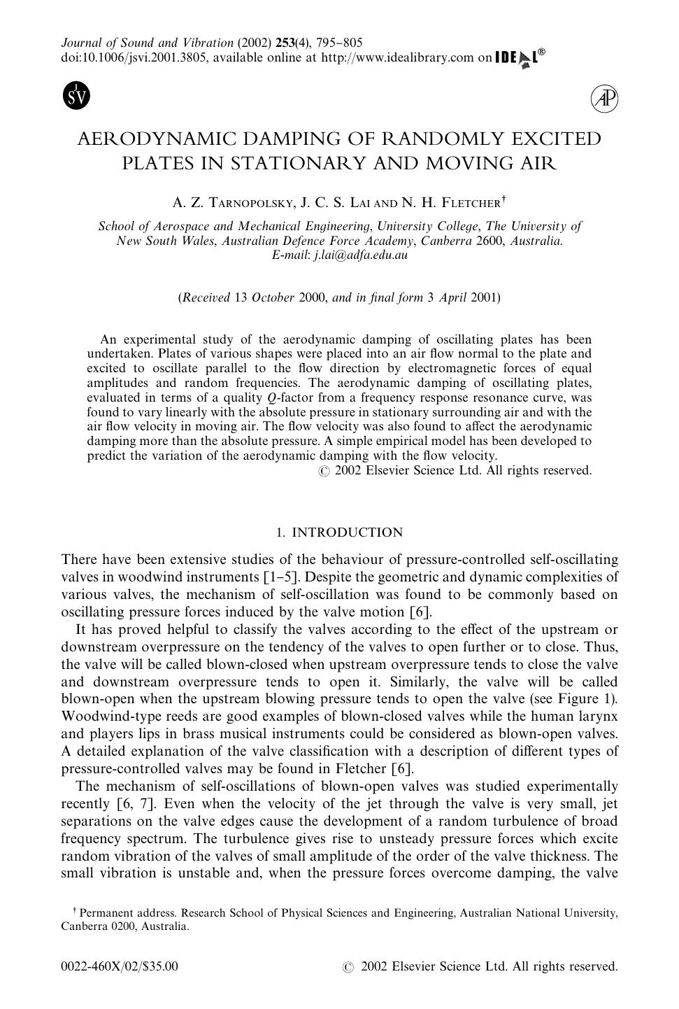 AERODYNAMIC DAMPING OF RANDOMLY EXCITED PLATES IN STATIONARY AND MOVING AIR by TARNOPOLSKY A. Z. et al
