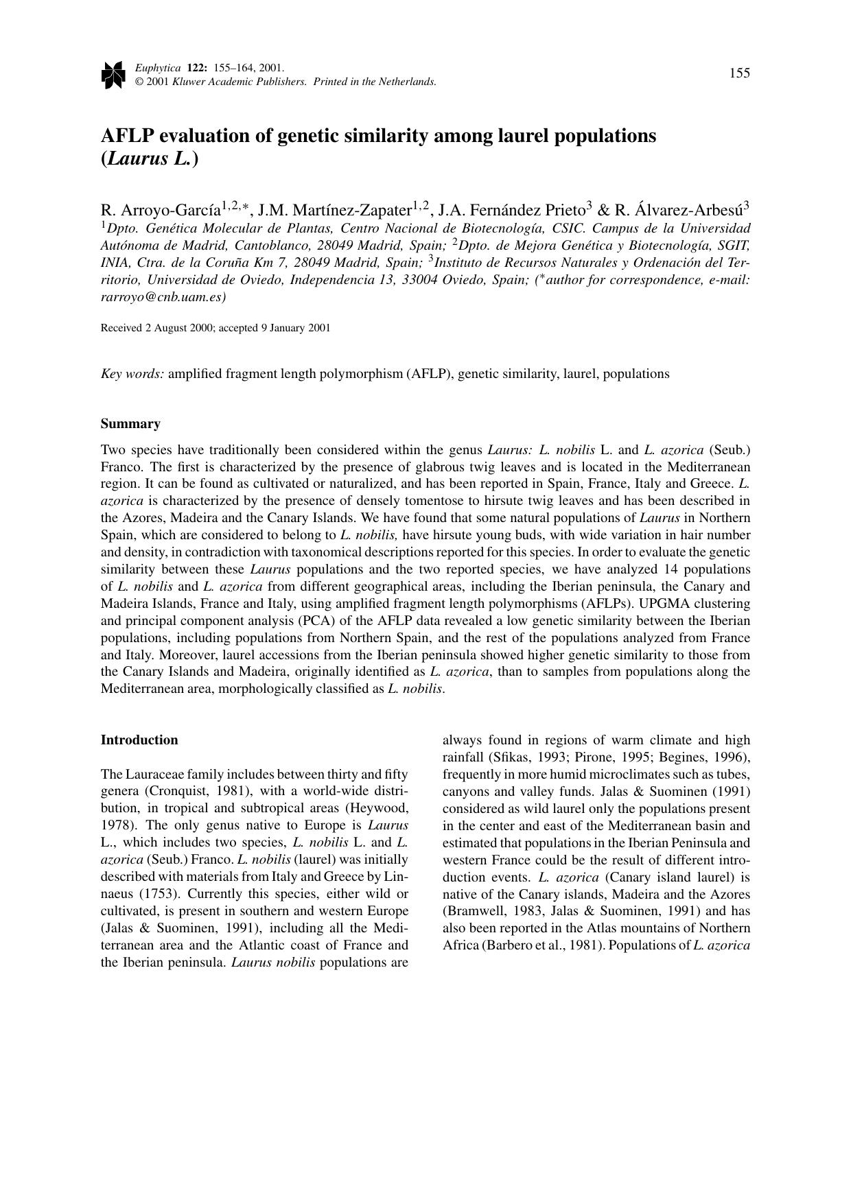 AFLP evaluation of genetic similarity among laurel populations (Laurus L.) by Unknown