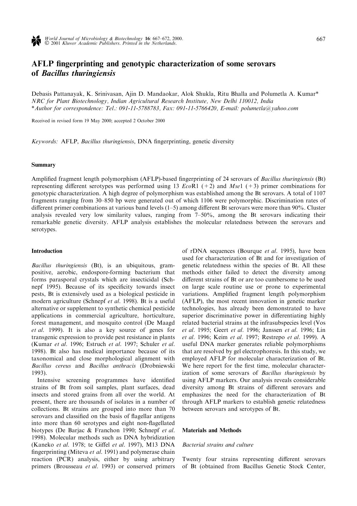AFLP fingerprinting and genotypic characterization of some serovars of Bacillus thuringiensis by Unknown