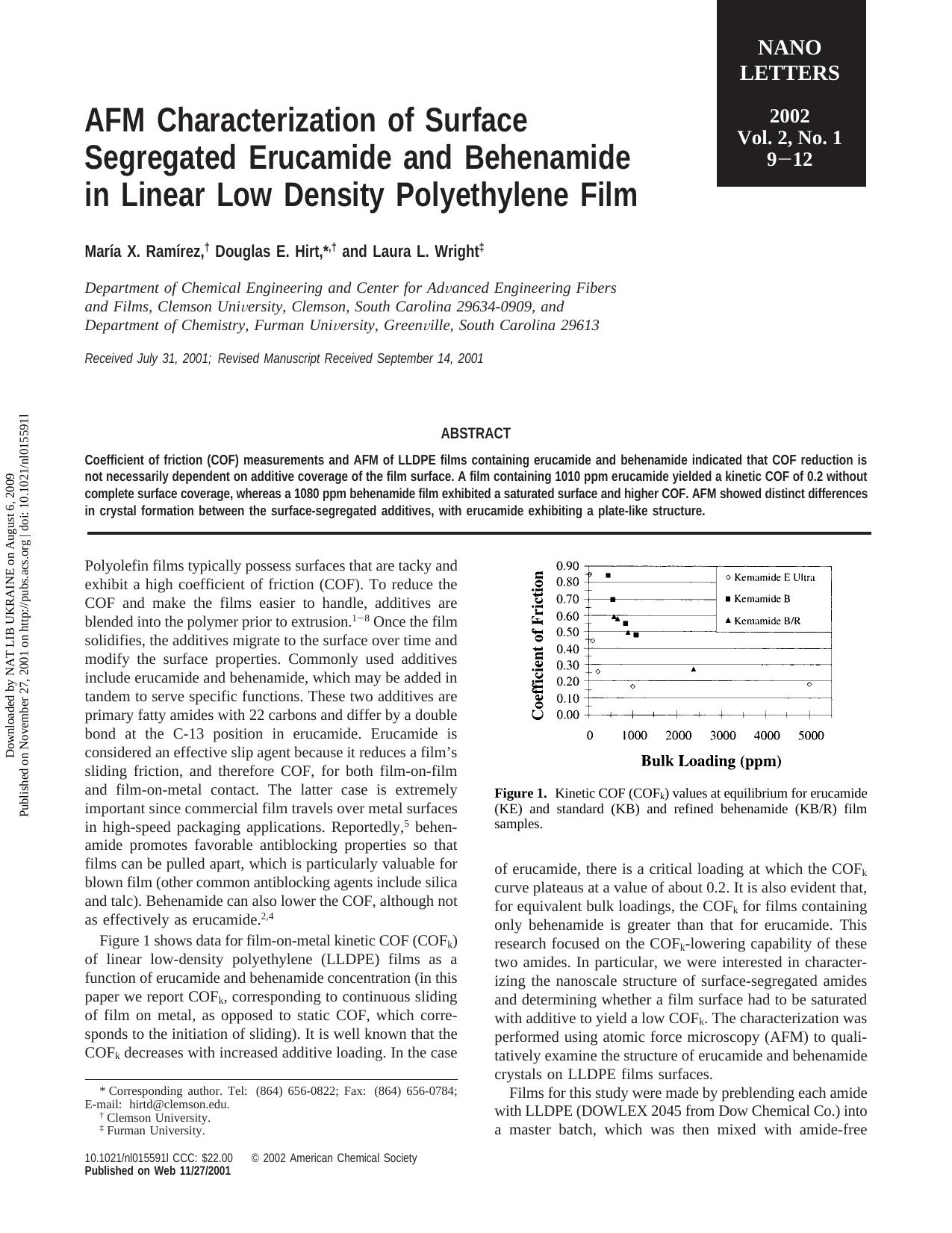 AFM Characterization of Surface Segregated Erucamide and Behenamide in Linear Low Density Polyethylene Film by Maria X. Ramirez Douglas E. Hirt * & Laura L. Wright