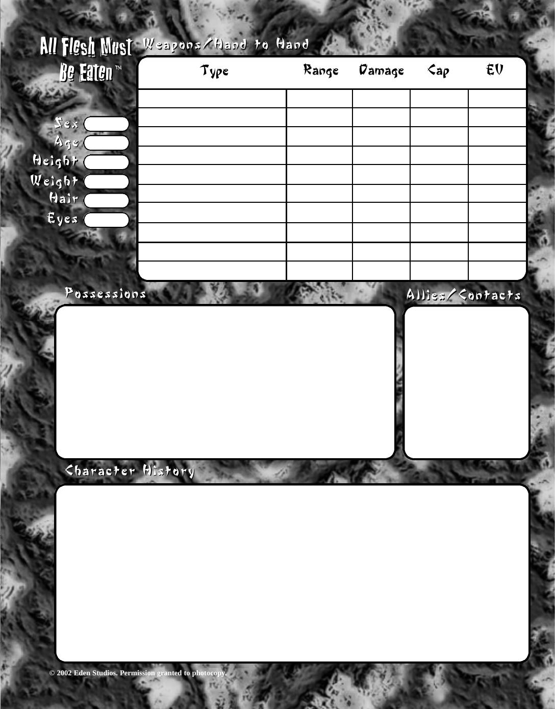 AFMBE - Enter The Zombie Character Sheet by Eden Studios