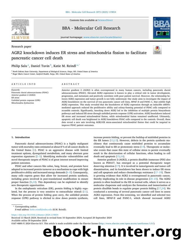 AGR2 knockdown induces ER stress and mitochondria fission to facilitate pancreatic cancer cell death by Philip Salu & Daniel Tuvin & Katie M. Reindl